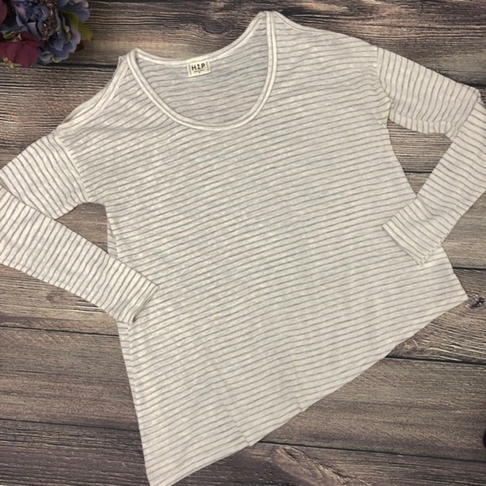 H.I.P. cold shoulder asymmetric striped knit top
